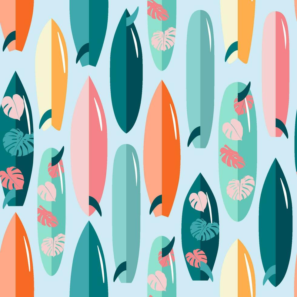 surfingbrädor med tropisk löv tecknad serie sommar sömlös mönster. hav surfing brädor. strand semester resa, surfa vektor skriva ut. hawaiian textil- design, sommartid tyg