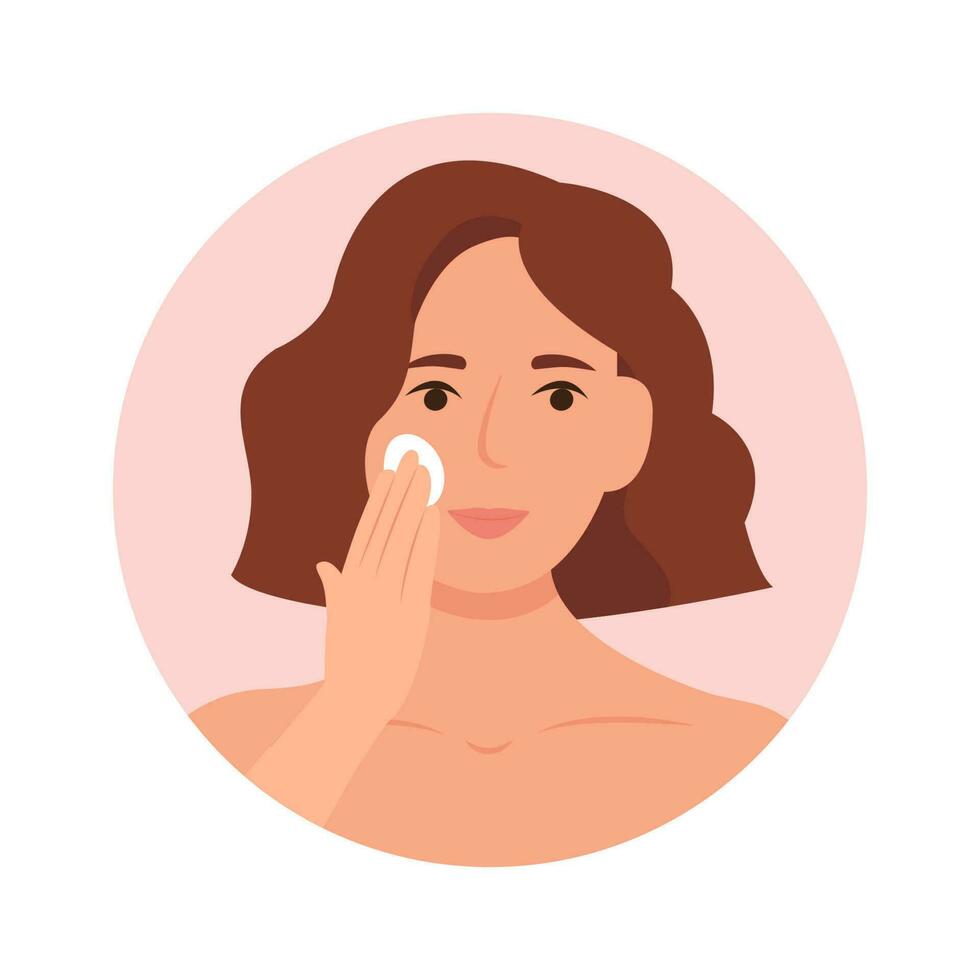 en vacker ung kvinna tar bort sminket med en bomullsrondell. flicka rengör och torkar ansikte skin.vector illustration. vektor