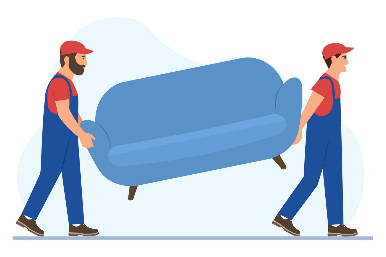 flyttare bära en soffa. rör på sig service. arbetare bär enhetlig bära möbel. leverans och omlokalisering service begrepp. vektor illustration
