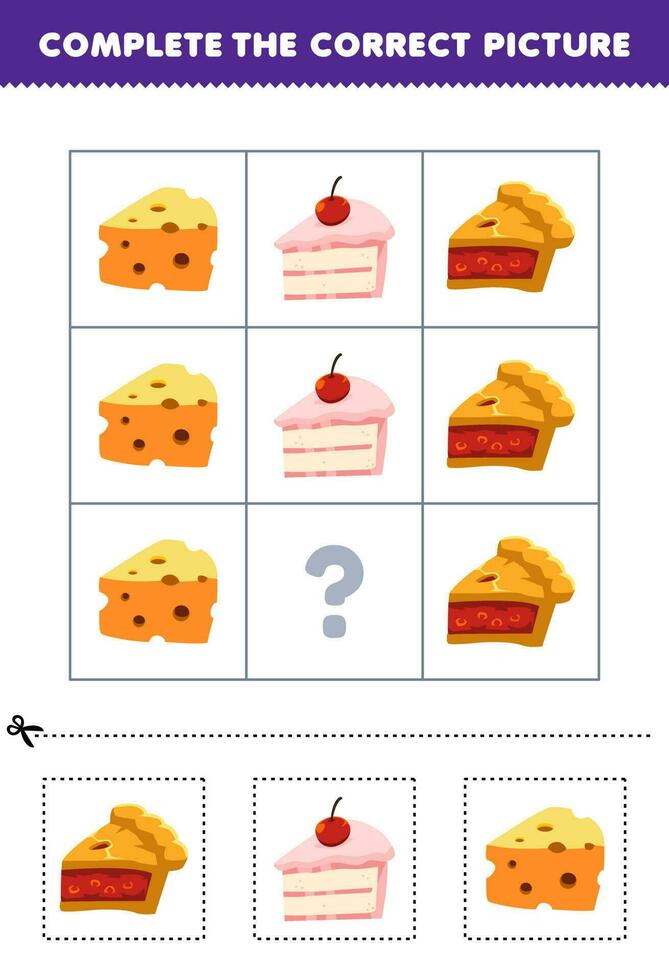 utbildning spel för barn till välja och komplett de korrekt bild av en söt tecknad serie paj kaka eller ost tryckbar mat kalkylblad vektor