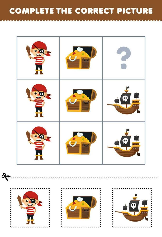 utbildning spel för barn till välja och komplett de korrekt bild av en söt tecknad serie pirat fartyg eller skatt bröst tryckbar halloween kalkylblad vektor