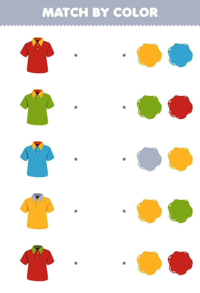 Bildung Spiel zum Kinder Spiel durch Farbe von süß Karikatur Polo Hemd druckbar tragbar Kleider Arbeitsblatt vektor