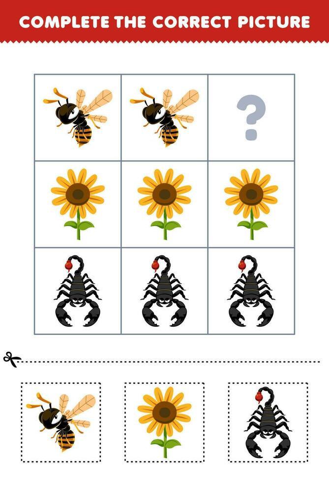 Bildung Spiel zum Kinder zu wählen und Komplett das richtig Bild von ein süß Karikatur Biene Sonnenblume oder Skorpion druckbar Fehler Arbeitsblatt vektor