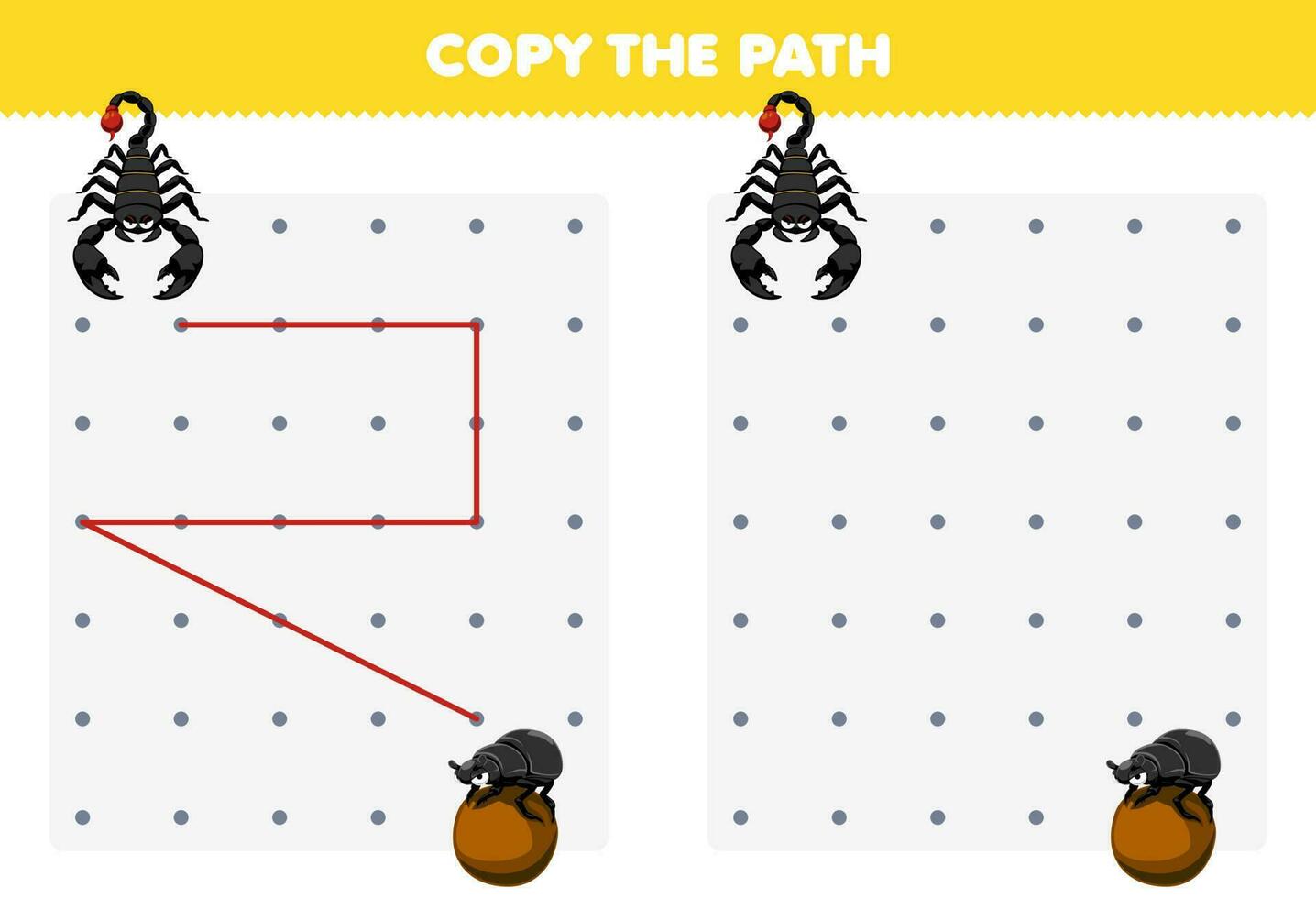 Bildung Spiel zum Kinder Kopieren das Pfad Hilfe Skorpion Bewegung zu das Dung Käfer druckbar Fehler Arbeitsblatt vektor