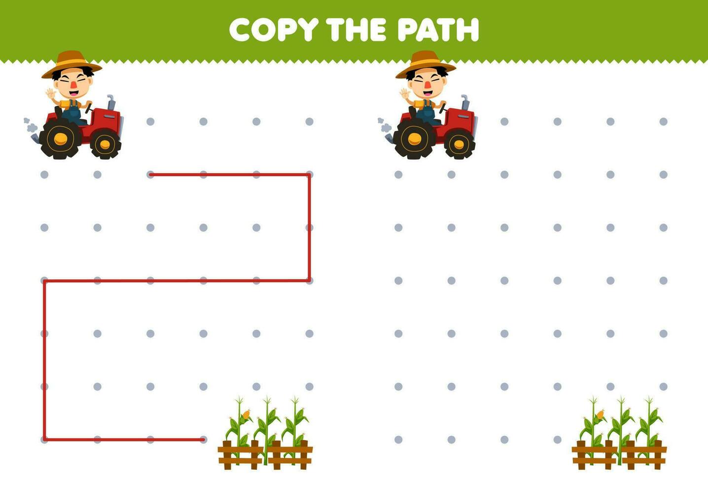 utbildning spel för barn kopia de väg hjälp jordbrukare körning traktor flytta till de majs fält tryckbar bruka kalkylblad vektor