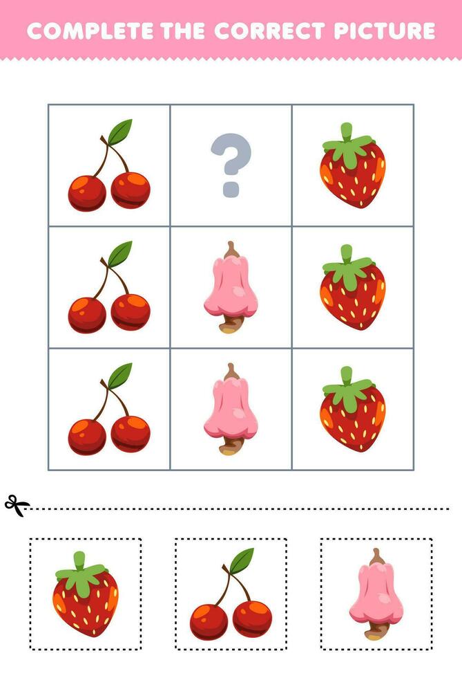 utbildning spel för barn till välja och komplett de korrekt bild av en söt tecknad serie jordgubb körsbär eller kasju tryckbar frukt kalkylblad vektor