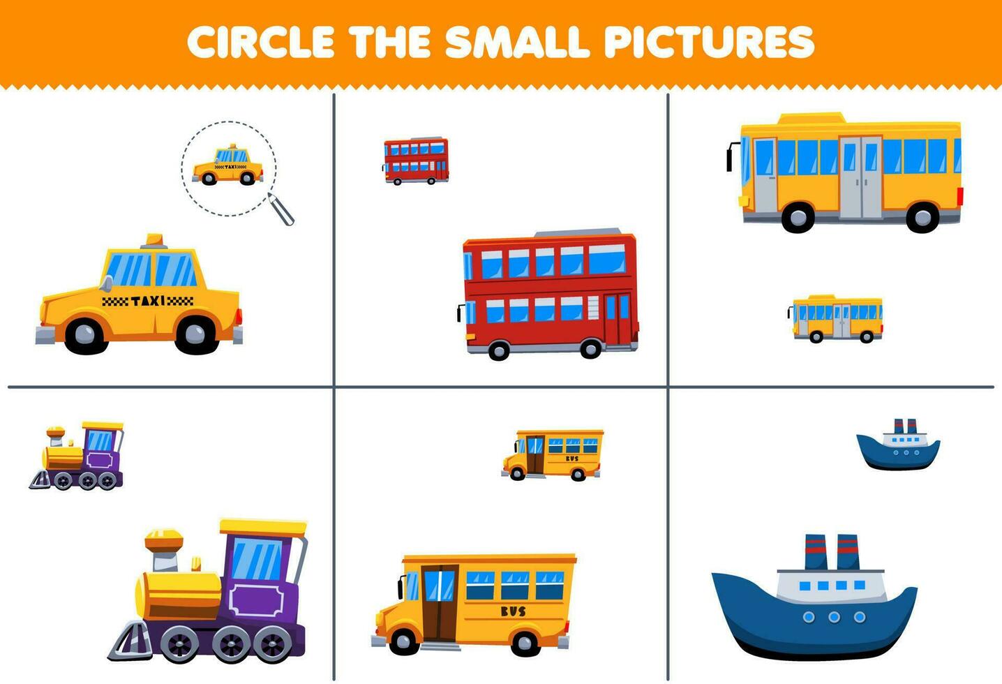 Bildung Spiel zum Kinder Kreis das klein Bild von süß Karikatur Taxi Bus Zug und Fähre Schiff druckbar Transport Arbeitsblatt vektor