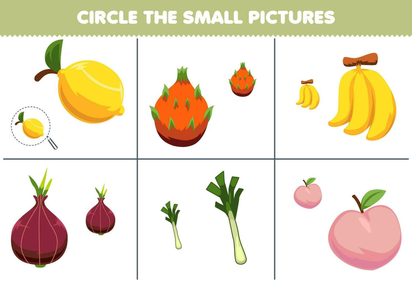 utbildning spel för barn cirkel de små bild av söt tecknad serie citron- drake frukt banan schalottenlök purjolök persika tryckbar kalkylblad vektor
