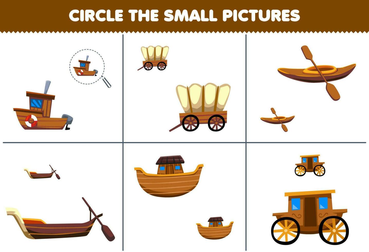 Bildung Spiel zum Kinder Kreis das klein Bild von süß Karikatur Schiff Wagen Kajak Gondel Arche und Wagen druckbar Transport Arbeitsblatt vektor