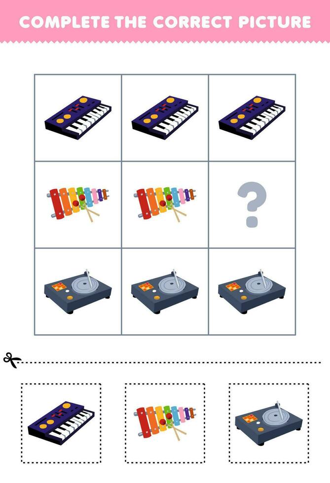 utbildning spel för barn till välja och komplett de korrekt bild av en söt tecknad serie synthesizer xylofon eller skivspelare tryckbar musik kalkylblad vektor