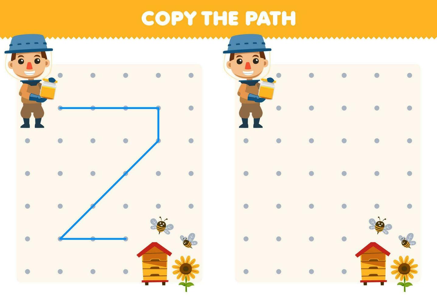utbildning spel för barn kopia de väg hjälp honung jordbrukare flytta till de bikupa och solros tryckbar bruka kalkylblad vektor