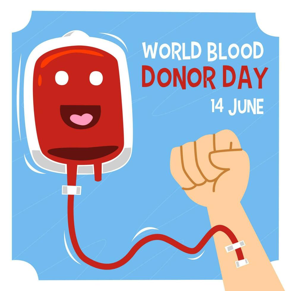Design zum Welt Blut Spender Tag mit süß Karikatur Blut Tasche und Hand vektor