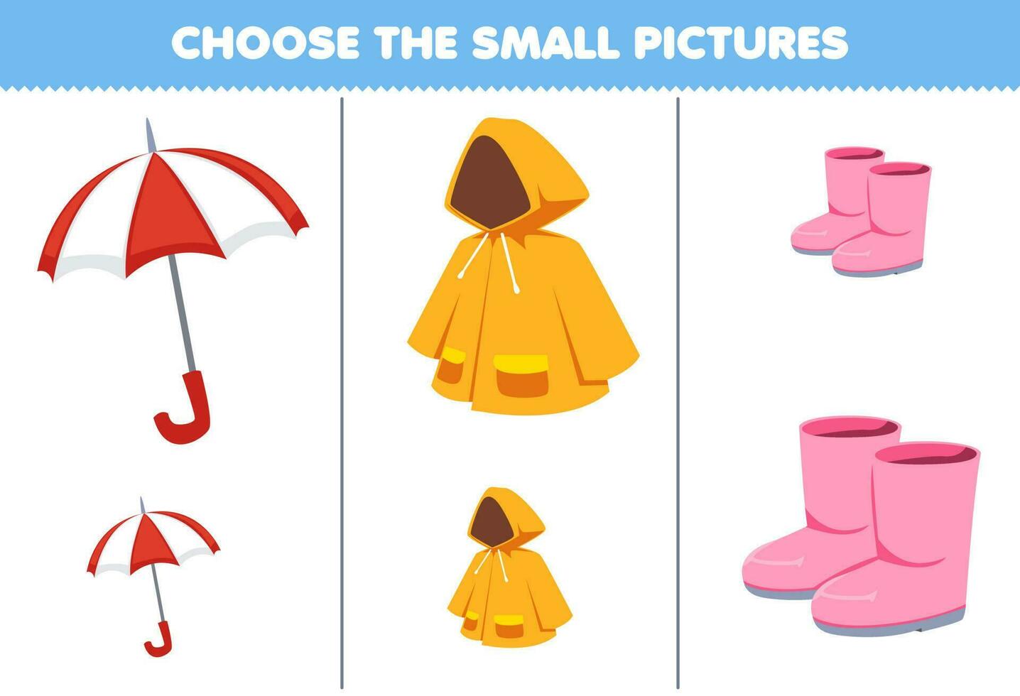 Bildung Spiel zum Kinder wählen das klein Bild von süß Karikatur Regenschirm Regenjacke Stiefel druckbar tragbar Kleider Arbeitsblatt vektor