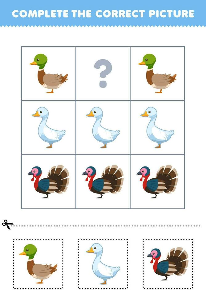 Bildung Spiel zum Kinder zu wählen und Komplett das richtig Bild von ein süß Karikatur Ente Gans oder Truthahn druckbar Bauernhof Arbeitsblatt vektor
