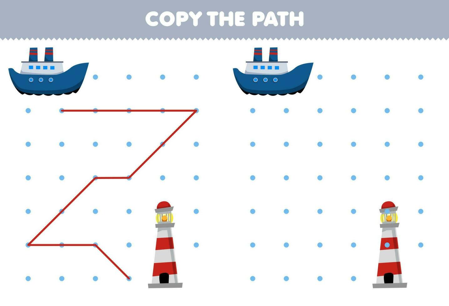 Bildung Spiel zum Kinder Kopieren das Pfad Hilfe Fähre Schiff Bewegung zu das Leuchtturm druckbar Transport Arbeitsblatt vektor