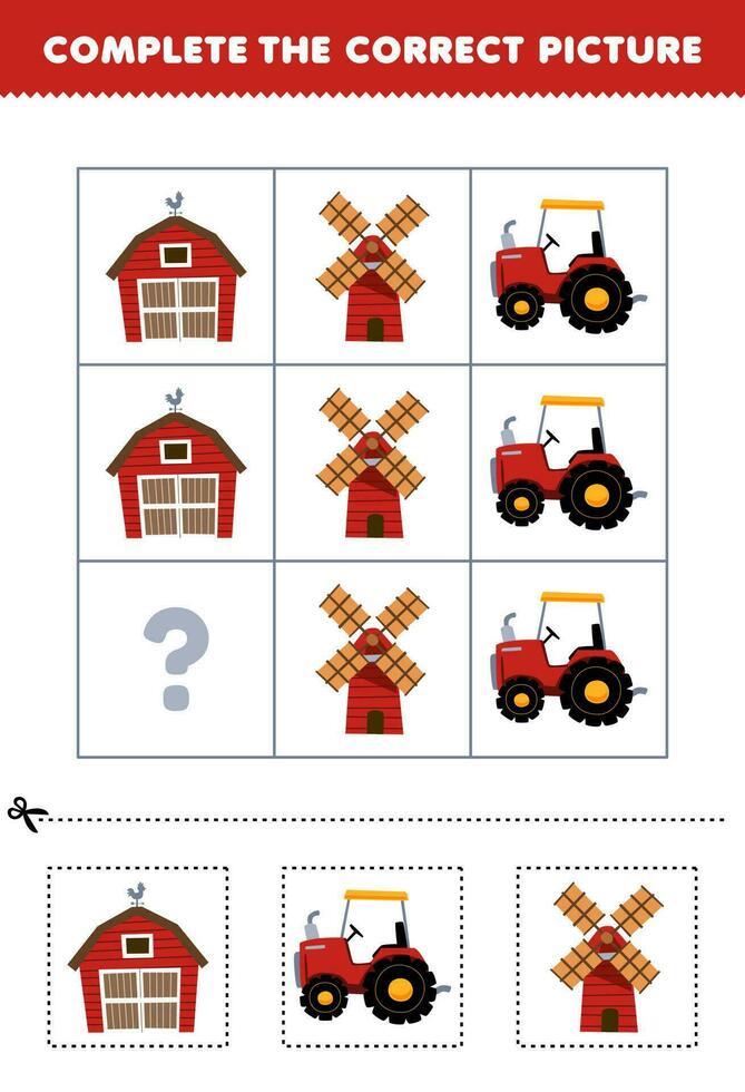 Bildung Spiel zum Kinder zu wählen und Komplett das richtig Bild von ein süß Karikatur Scheune Traktor oder Windmühle druckbar Bauernhof Arbeitsblatt vektor