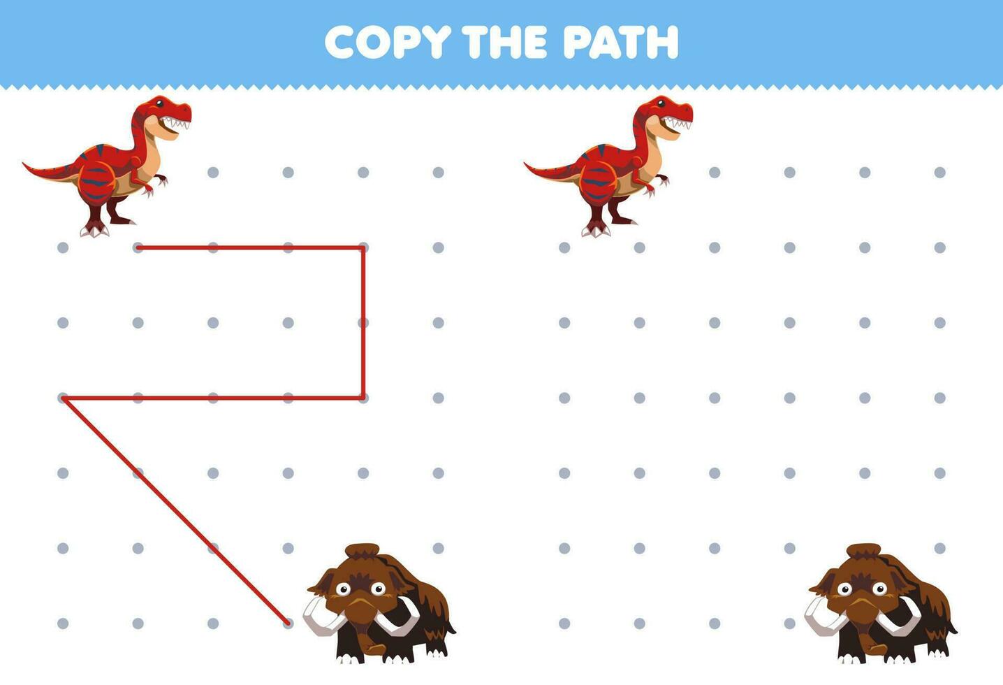 utbildning spel för barn kopia de väg hjälp tyrannosaurus flytta till de mammut tryckbar förhistorisk dinosaurie kalkylblad vektor