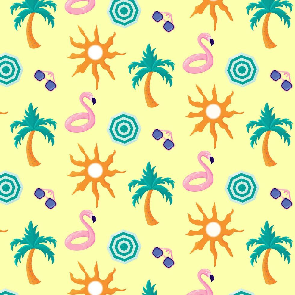 bunt nahtlos Sommer- Muster mit Palme Baum, Flamingo Gummi Ring, Sonnenbrille, Regenschirm vektor