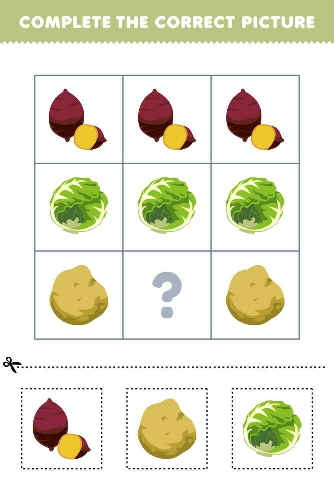 utbildning spel för barn till välja och komplett de korrekt bild av en söt tecknad serie jams potatis eller kål tryckbar vegetabiliska kalkylblad vektor