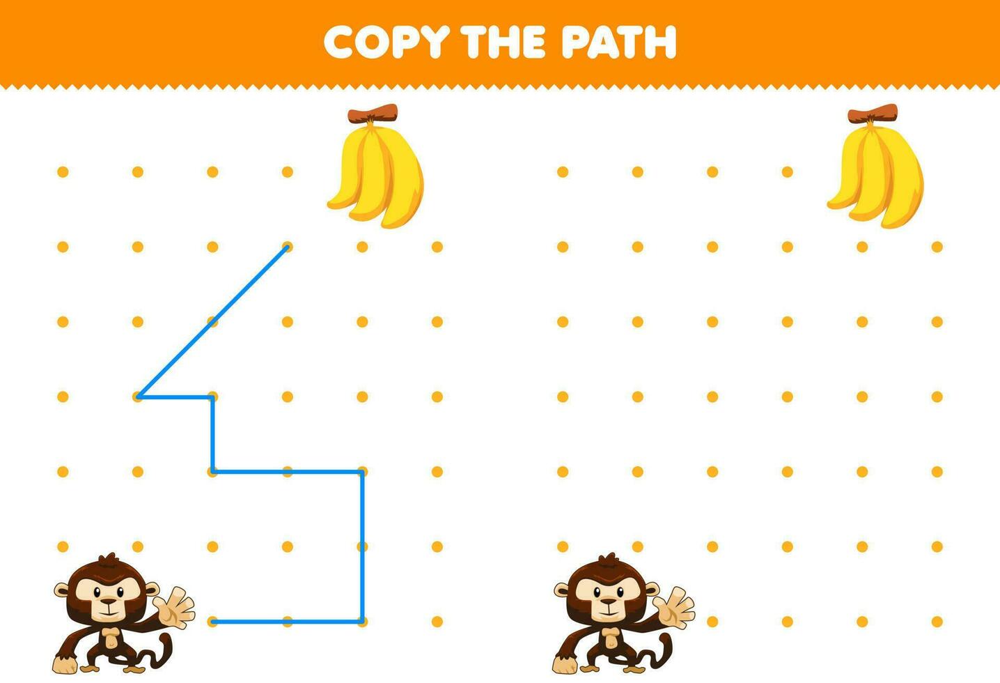 utbildning spel för barn kopia de väg hjälp apa flytta till de banan tryckbar djur- kalkylblad vektor