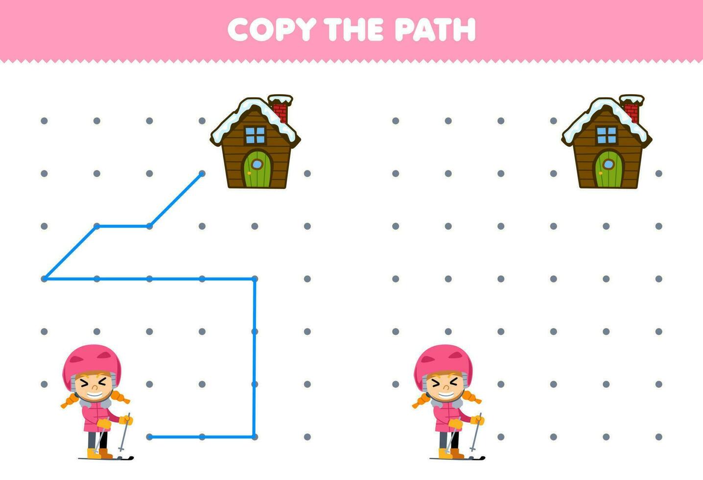 utbildning spel för barn kopia de väg hjälp flicka spelar åka skidor flytta till de hus tryckbar vinter- kalkylblad vektor