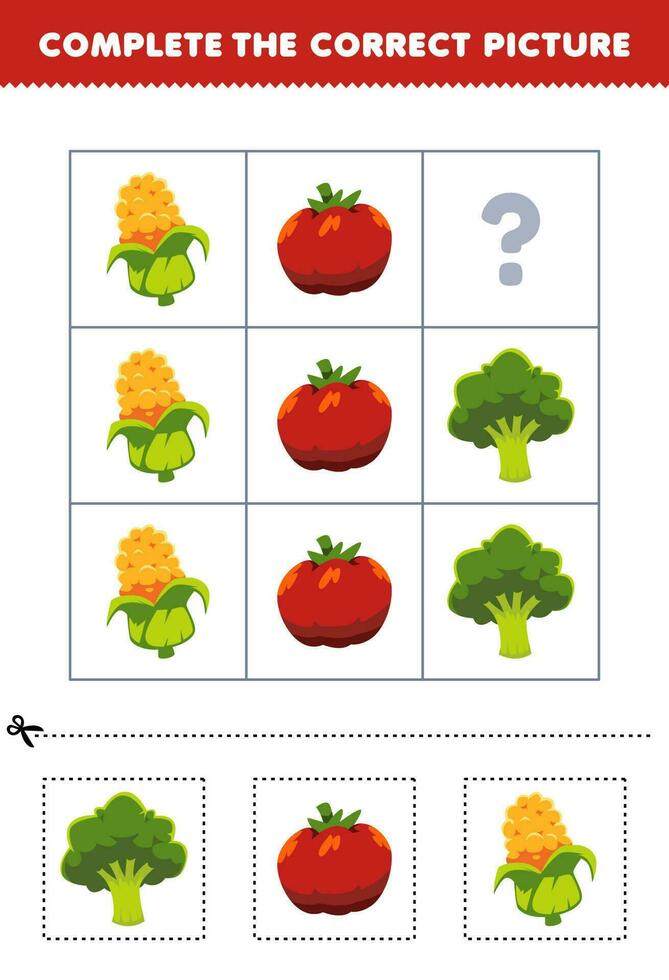 Bildung Spiel zum Kinder zu wählen und Komplett das richtig Bild von ein süß Karikatur Brokkoli Tomate oder Mais druckbar Gemüse Arbeitsblatt vektor