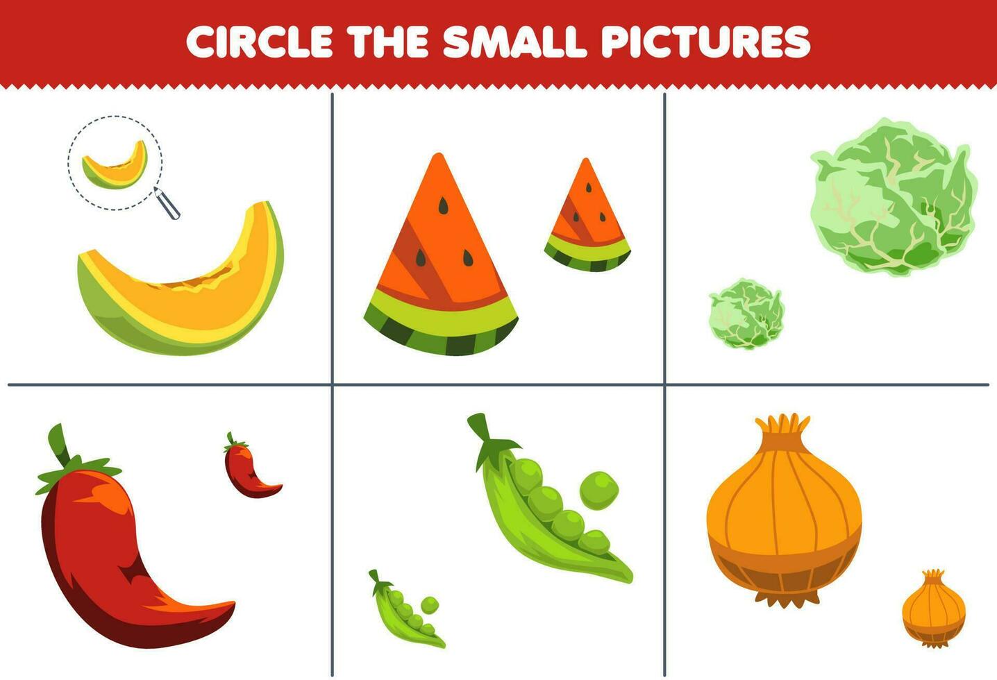 Bildung Spiel zum Kinder Kreis das klein Bild von süß Karikatur Melone Wassermelone Kohl Chili Erbse Zwiebel druckbar Arbeitsblatt vektor