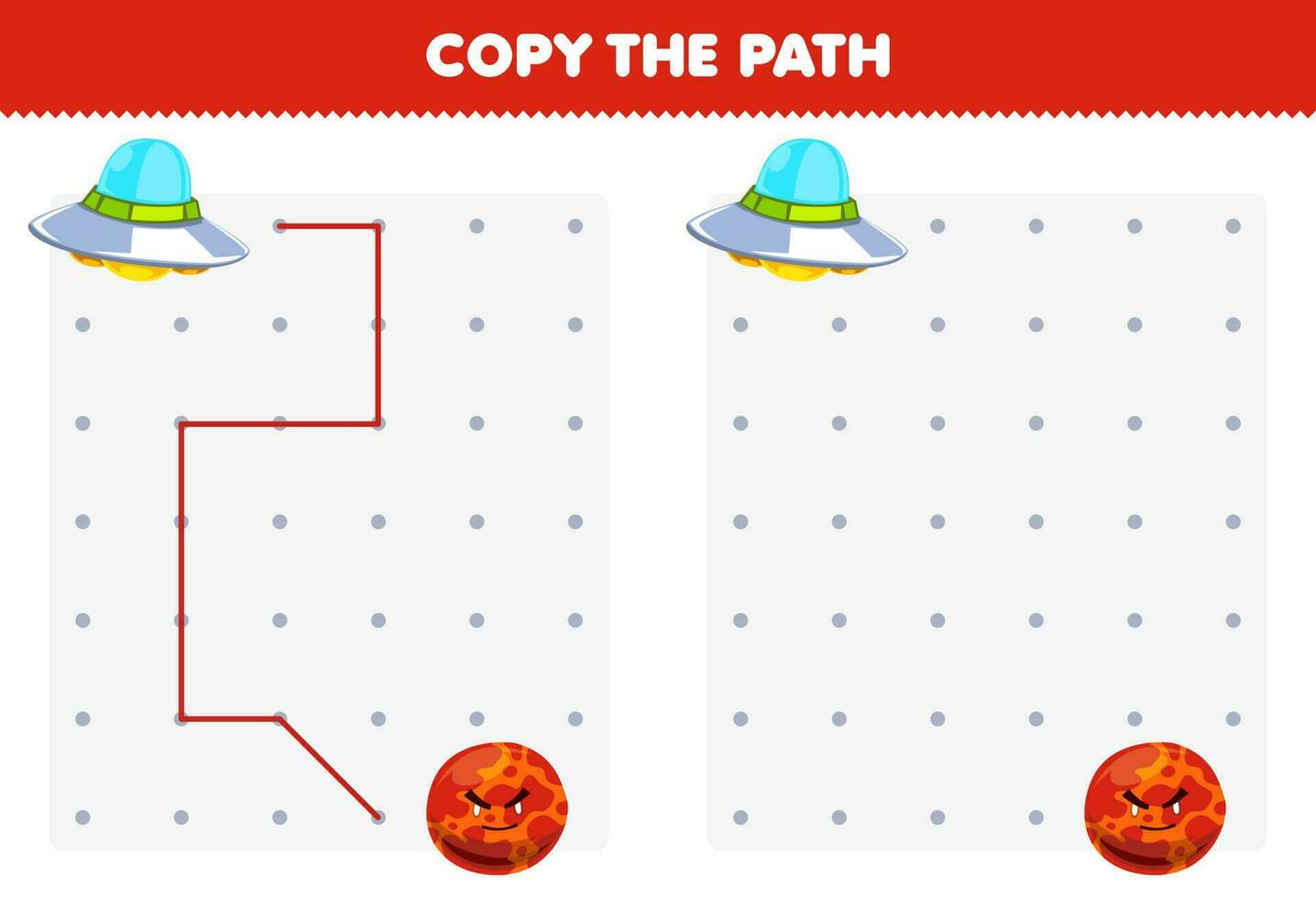 utbildning spel för barn kopia de väg hjälp UFO flytta till de röd planet tryckbar sol- systemet kalkylblad vektor