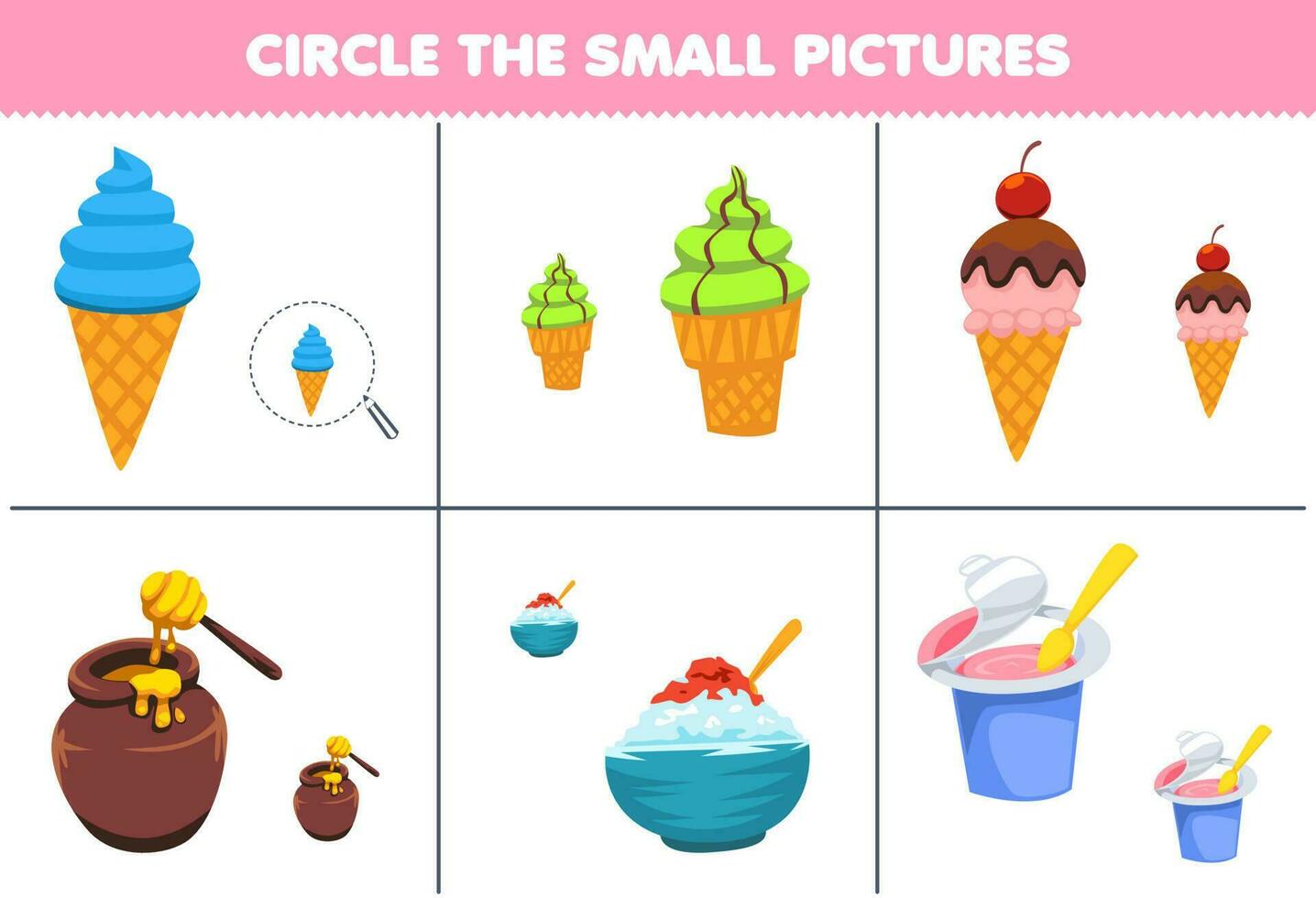 Bildung Spiel zum Kinder Kreis das klein Bild von süß Karikatur Eis Sahne Honig Joghurt druckbar Essen Arbeitsblatt vektor