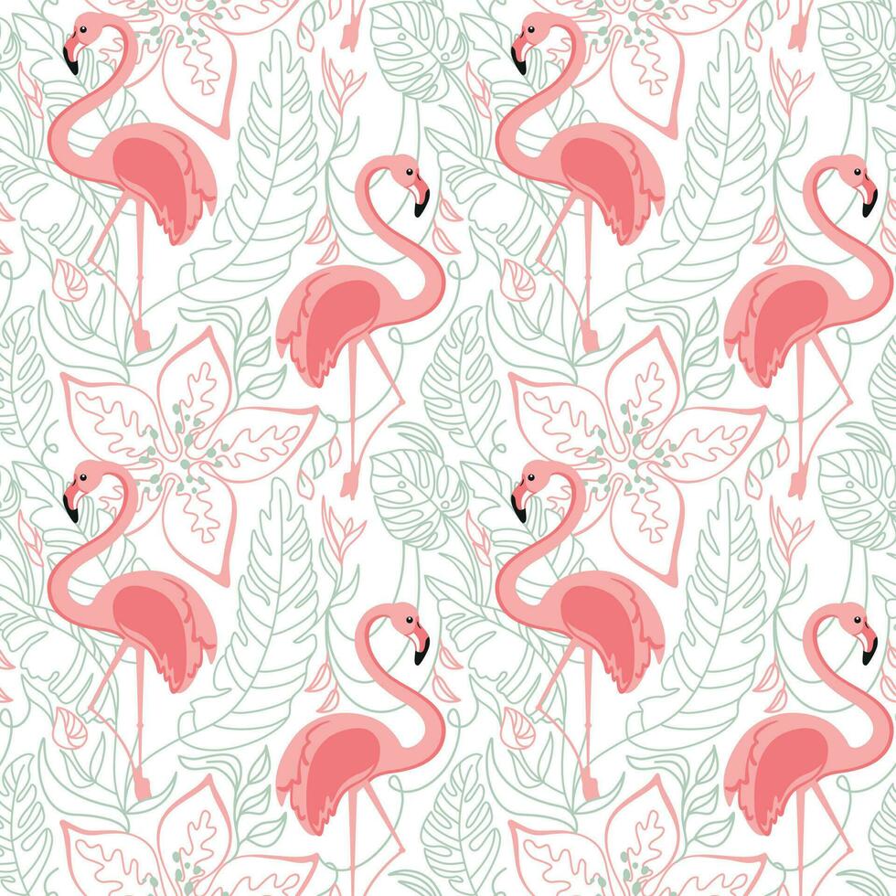 Flamingos und exotisch Pflanzen. Sommer- drucken. nahtlos Muster. vektor