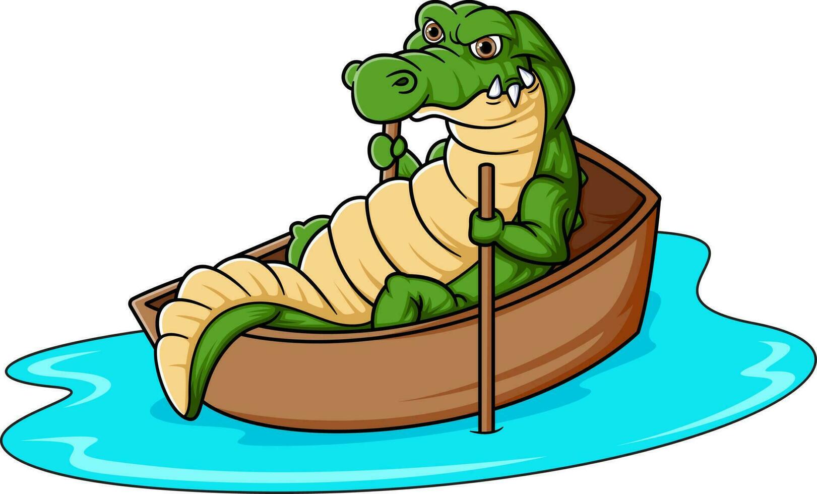 söt tecknad serie krokodil rodd en trä- båt vektor