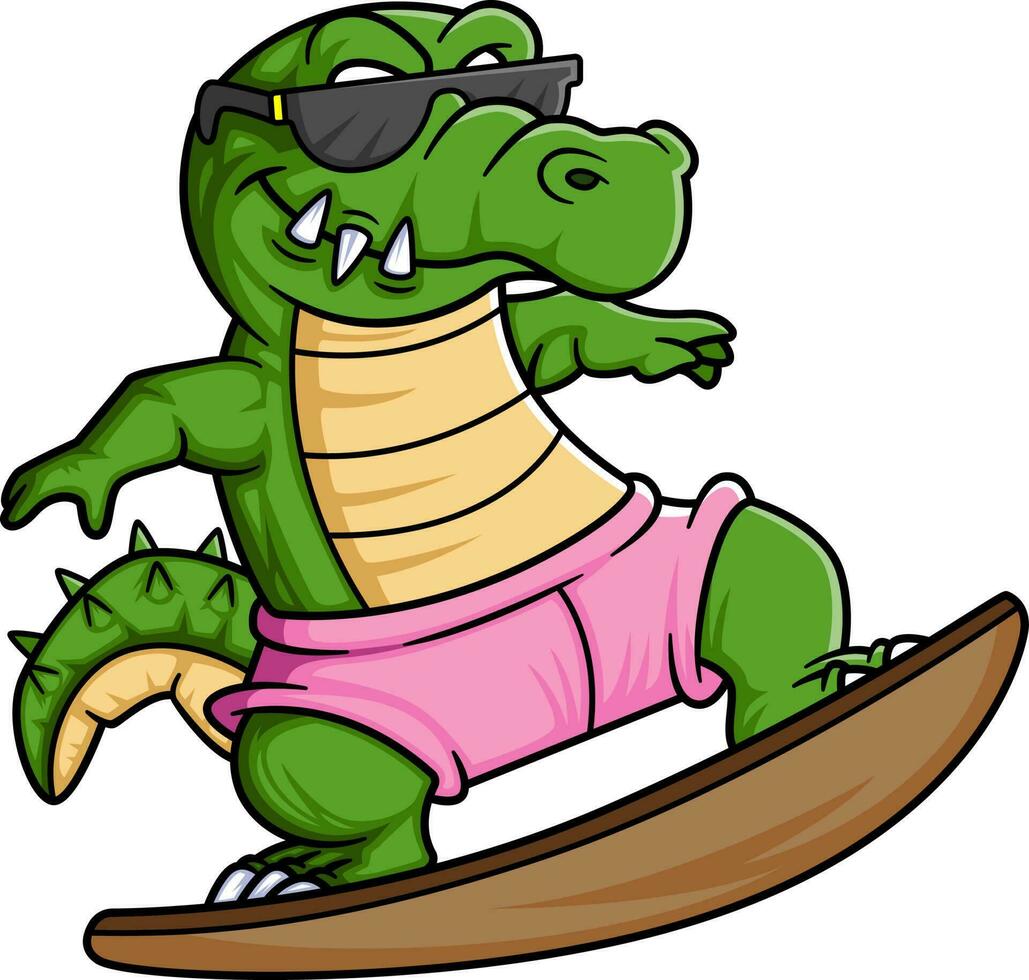 rolig krokodil surfing tecknad serie på vit bakgrund vektor