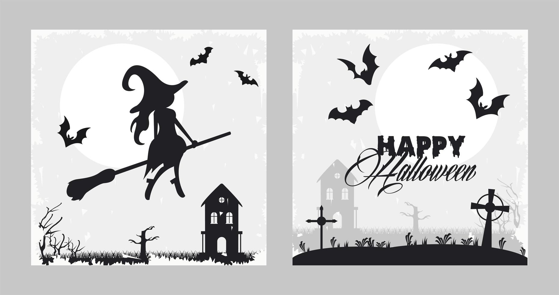 glückliche Halloween-Feierkarte mit fliegender Hexe und Fledermäusen vektor