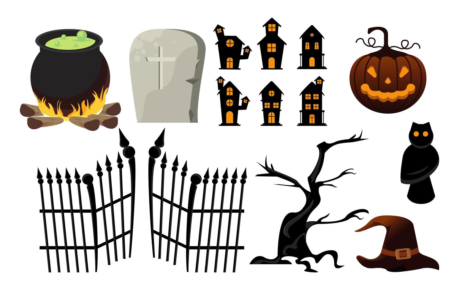lycklig halloween firande kort med bunt ikoner vektor