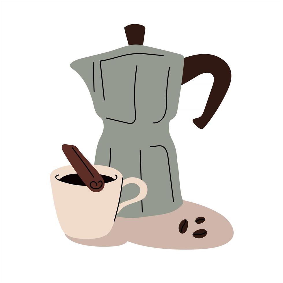 Kaffeekomposition Kaffeekanne Tasse Kaffeebohnen und Zimtstange vektor