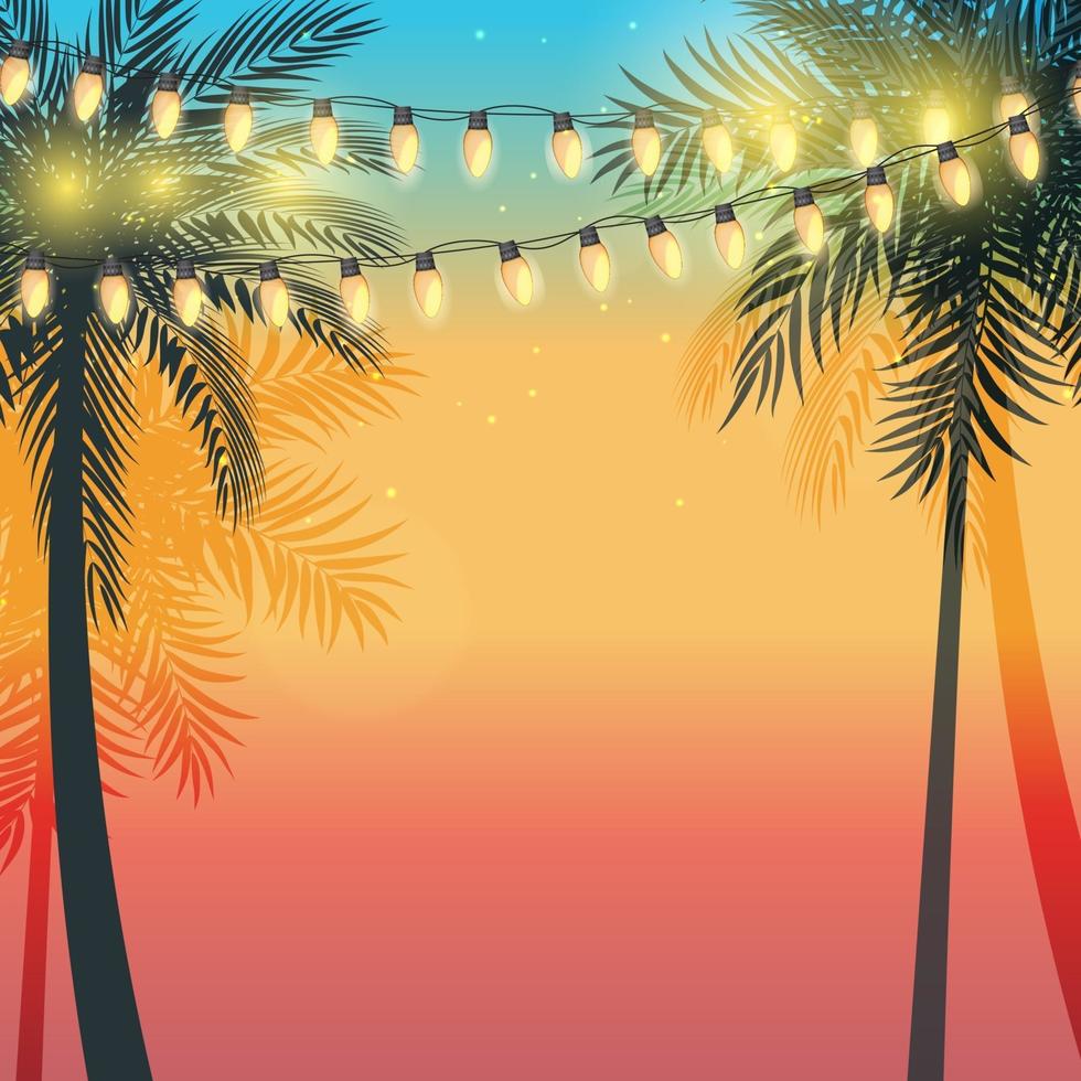 sommarsemester design solnedgång med palmblad och gula kranslampor vektor
