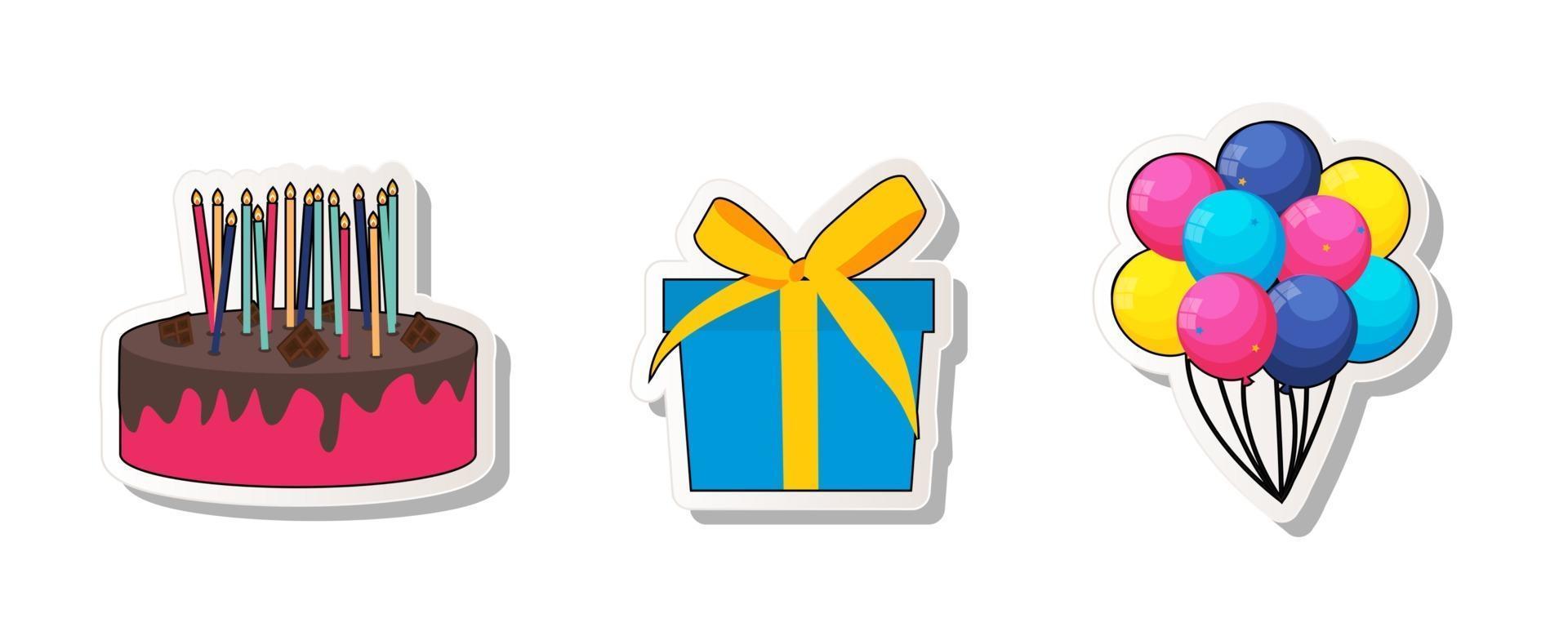 Geburtstagsfeier Aufkleber Sammlung Set Icons mit Kuchen, Luftballons und Geschenkbox. vektor
