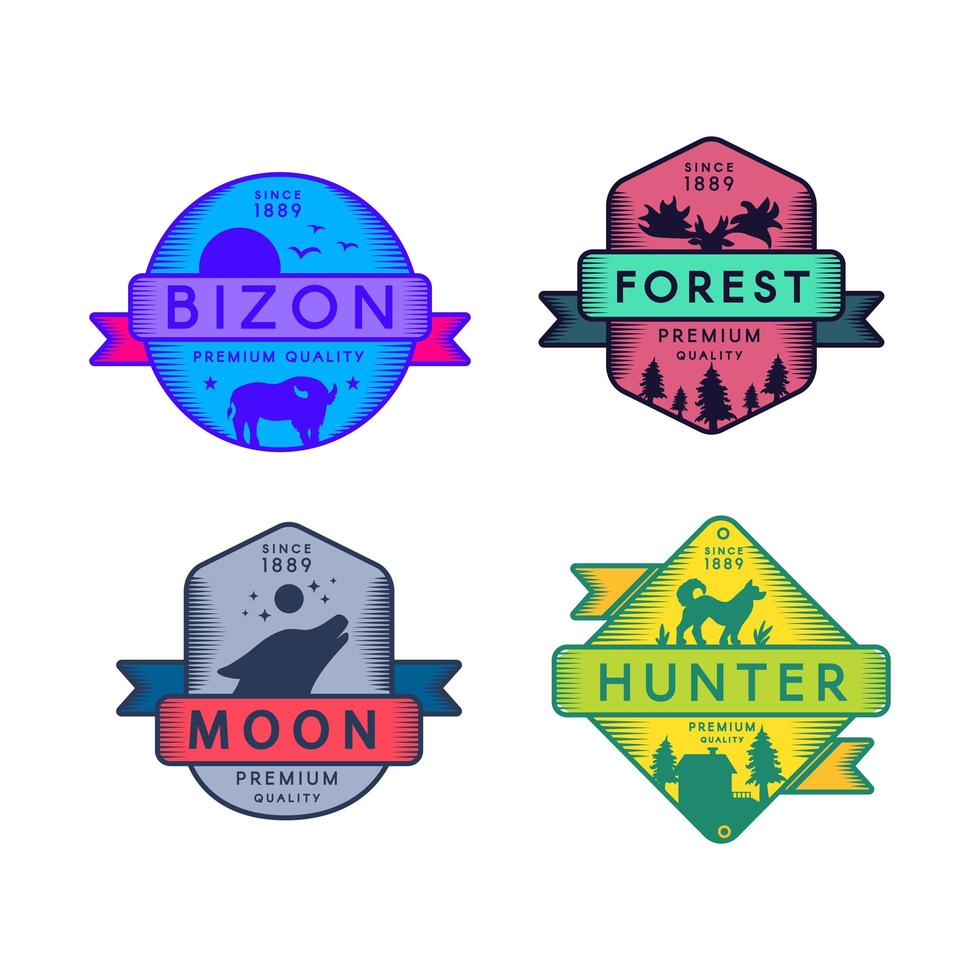Bizon und Wald Mond und Jäger Abzeichen Set Logo vektor