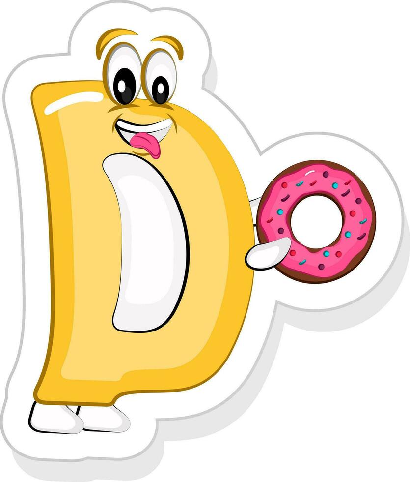 süß Gelb d Alphabet Karikatur Charakter halten Donuts Symbol im Aufkleber Stil. vektor