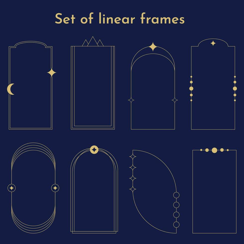 modern minimalistisch ästhetisch linear Frames mit Bögen, Sterne und Mond. ästhetisch Boho Elemente und Bogen Linie Rahmen mit funkelt. Vektor Illustration.