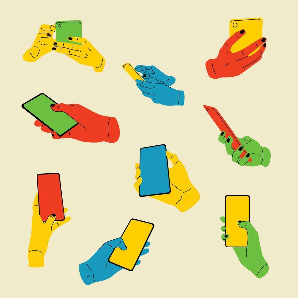 uppsättning av händer innehav smartphone. vektor illustration i platt stil