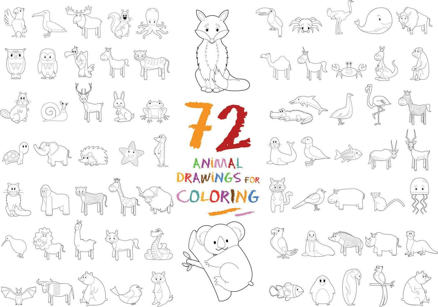 einstellen von 72 Tier Zeichnungen zum Färbung vektor