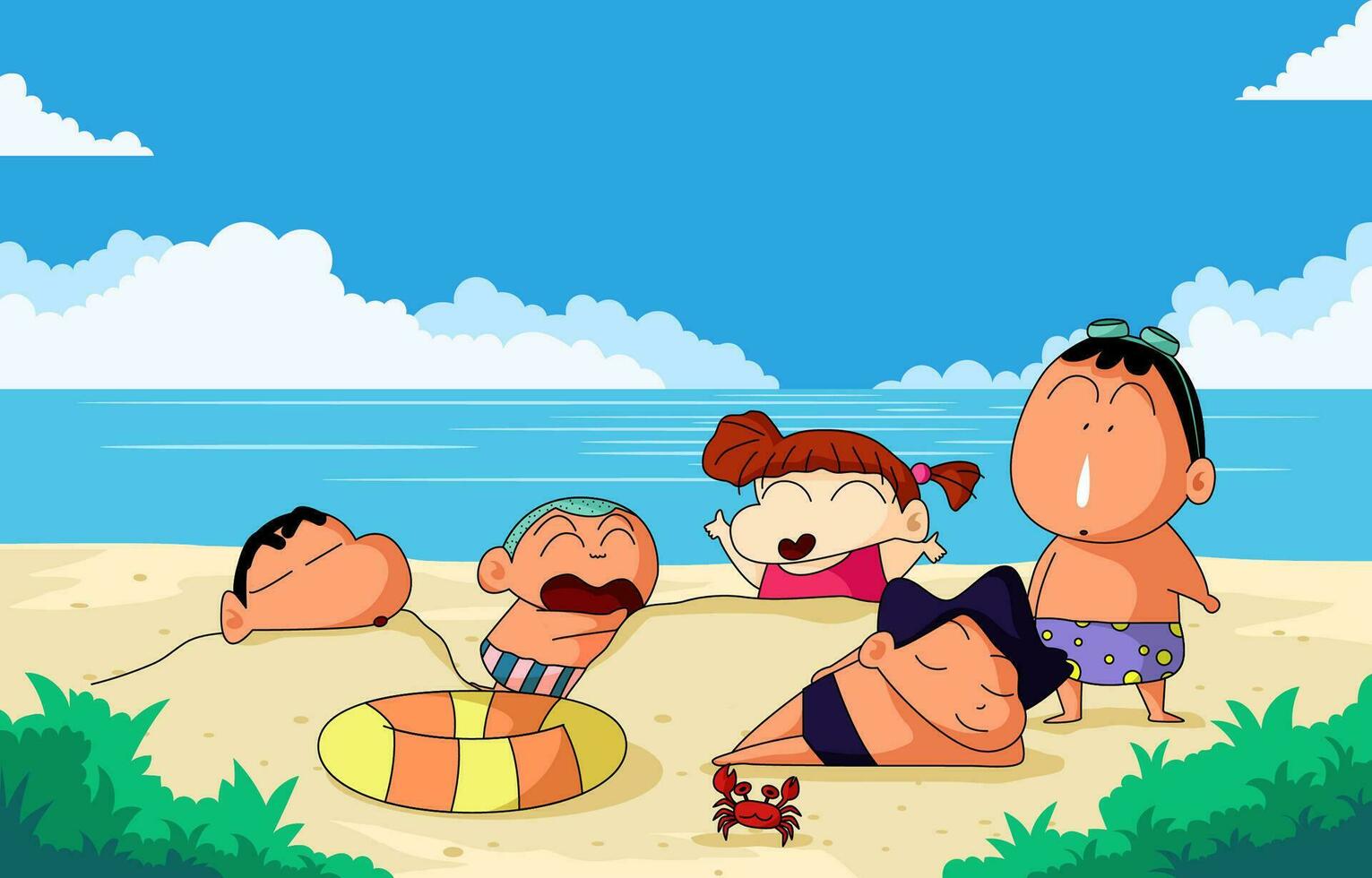 Lycklig unge och vänner spelar på de strand bakgrund vektor
