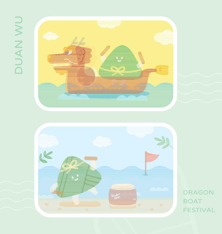 Drachen Boot Festival Vektor Briefmarke Aufkleber Stil. süß Reis Knödel Trommeln und Rudern ein Drachen Boot auf Wellen Hintergrund.