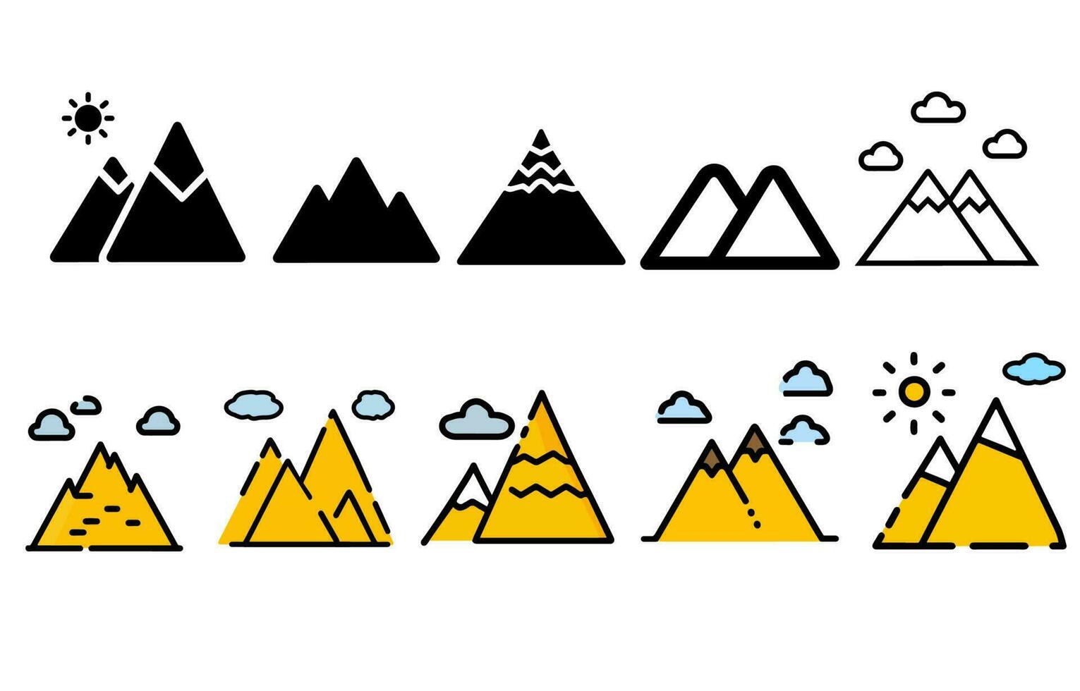 Berg Symbole Satz. Camping, klettern, wandern, Reise und draussen Erholung Symbol. Design Element zum Logo, Symbole, Abzeichen und Etiketten. Vektor Karikatur eben Stil.