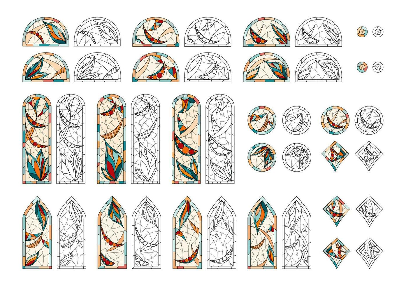 Färbung befleckt Glas im ein Kirche. einstellen von anders Fenster Formen Zeichnung im einer Stil. vektor