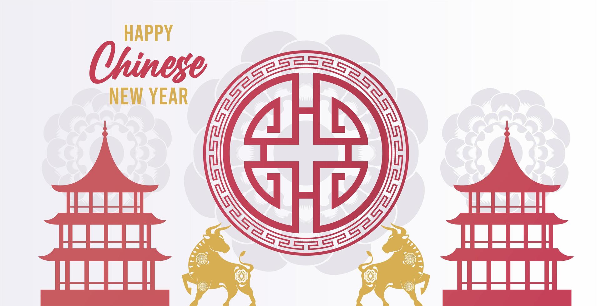 gott kinesiskt nyår bokstäver kort med gyllene oxar och slott vektor