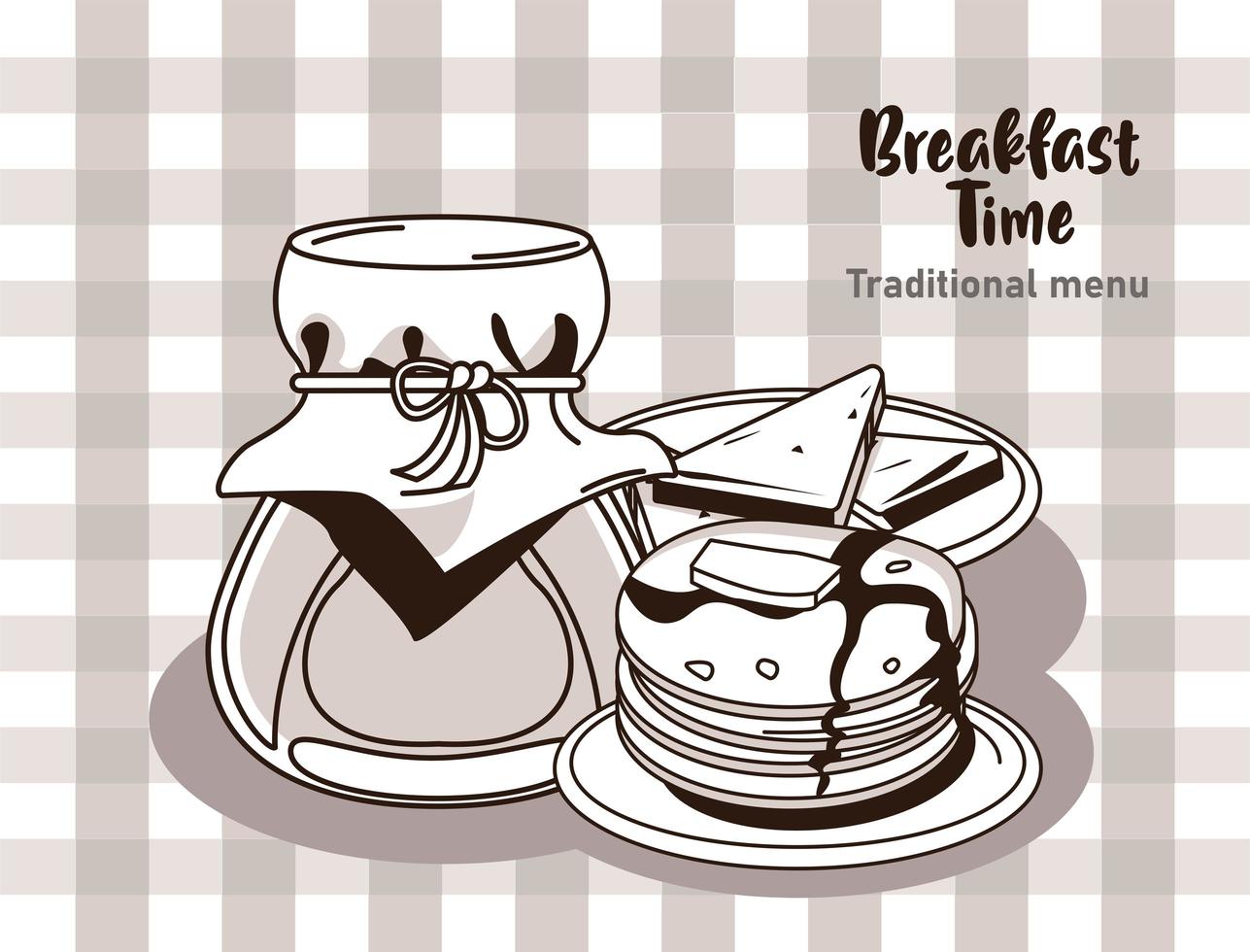 frukost tid bokstäver affisch med honung och pannkakor vektor
