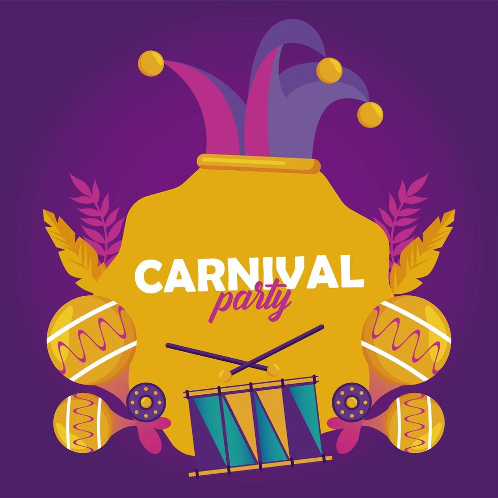 Karneval-Karnevalsfeier mit Spaßvogelhut und Instrumenten vektor