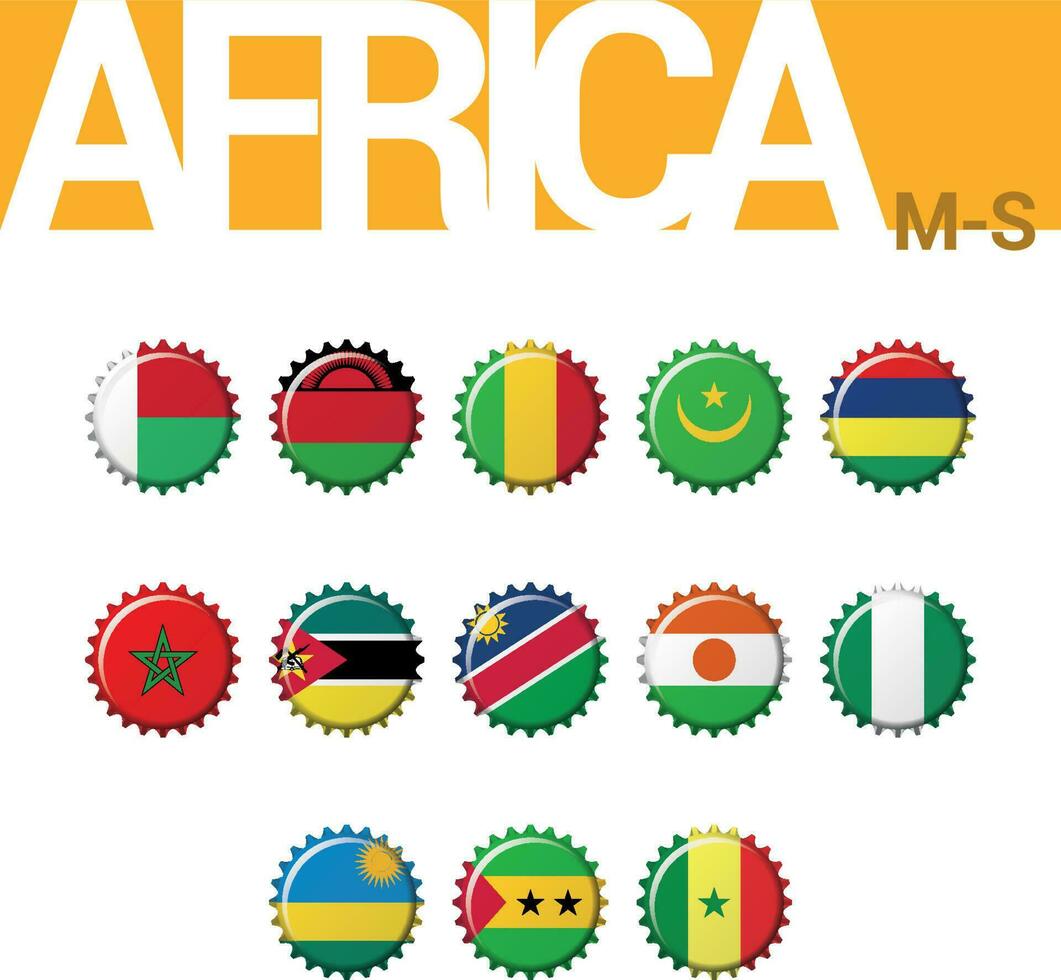 uppsättning av 13 kapsylen flaggor av afrika. uppsättning 3 av 4. vektor illustration. madagaskar, Malawi, mali, Mauretanien, Mauritius, marocko, moçambique, Namibia, niger, nigeria, rwanda, sao till mig, senegal.